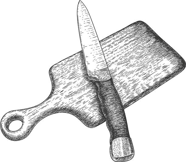 Vector antique engraving illustration of cutting board and knife isolated on white background