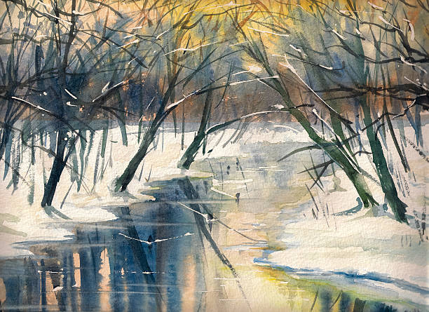 river - winter stream river snowing stock-grafiken, -clipart, -cartoons und -symbole