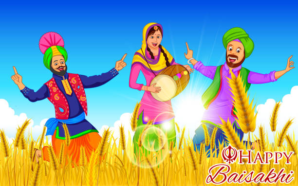 illustrazioni stock, clip art, cartoni animati e icone di tendenza di felice sfondo baisakhi - bhangra