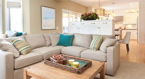 istock Open Concept Modern Family Room Den and Kitchen Design 517303040