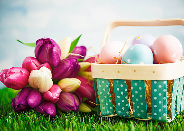istock Tulip bouquet with Easter eggs and Easter basket in grass 517303828