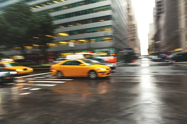Taxicab speeding through downtown New York, USA