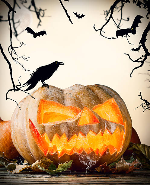 istock Halloween pumpkin on wood with dark background 517304751