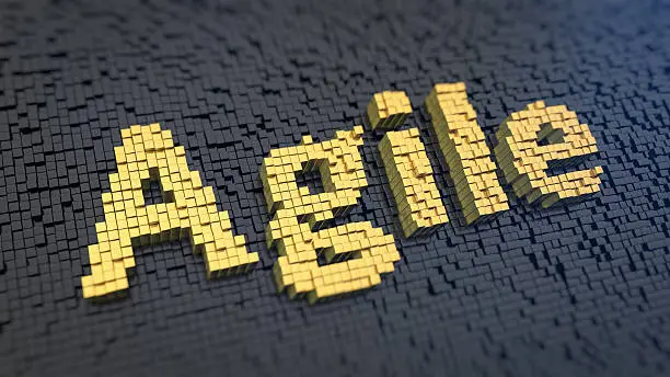 Agile methodology production. Word Agile of the yellow square pixels on a black matrix background. 3D illustration picture