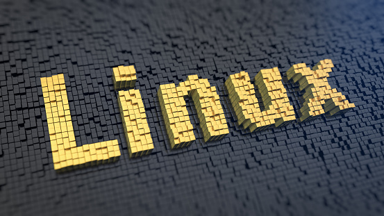 Word Linux of the yellow square pixels on a black matrix background. 3D illustration image