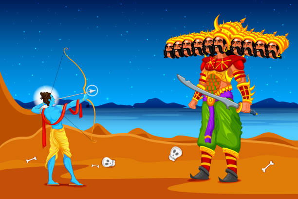 Rama killing Ravana in Dussehra easy to edit vector illustration of Rama killing Ravana in Dussehra ravana in happy dussehra stock illustrations