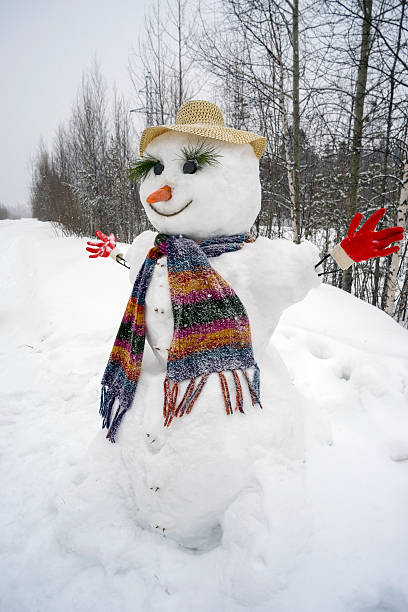 istock Funny smiling snowman standing in the woods 517308208
