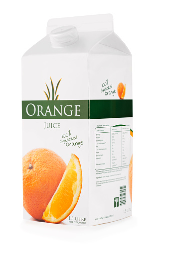 Carton of orange juice isolated on white  with clipping path (excluding the shadow).