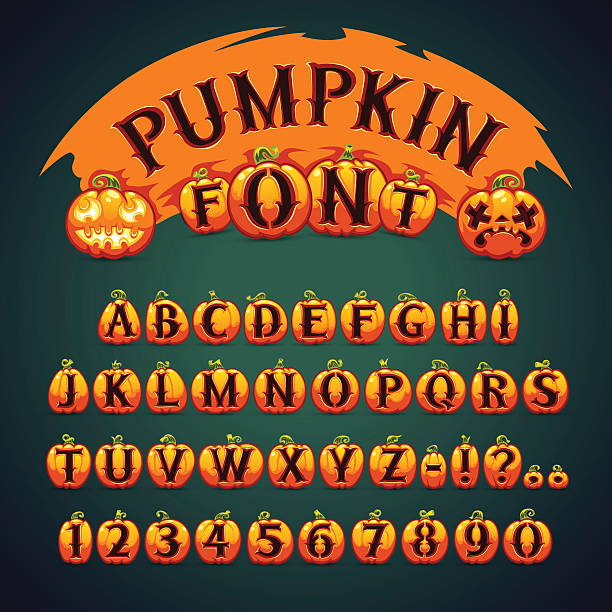illustrazioni stock, clip art, cartoni animati e icone di tendenza di halloween zucca font - carved letters