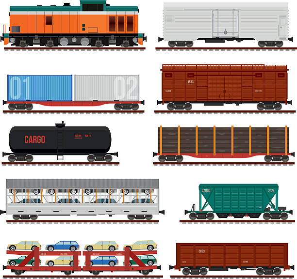 illustrazioni stock, clip art, cartoni animati e icone di tendenza di vettoriale gruppo di vagoni merci ferroviarie, canotte, automobili - diesel locomotive