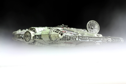 Vancouver, Canada - January 25, 2016: The Millenium Falcon from the Star Wars movie franchise. The model was made for the X-Wing minature game for Fantasy Flight Games.