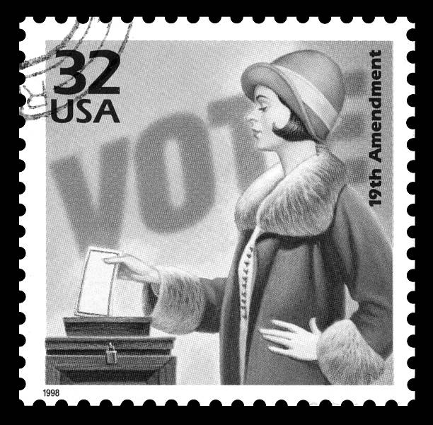 USA postage stamp women's suffrage USA vintage 1970's postage stamp commemorating 50 years of the the women's suffrage movement, black and white image postmark photos stock pictures, royalty-free photos & images