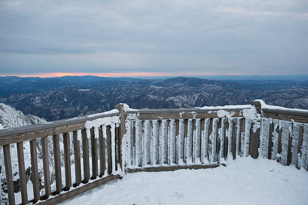 View of cold winter landscape at sunset from the Roan High Bluff viewing platform on Roan Mountain (Tennessee and North Carolina)