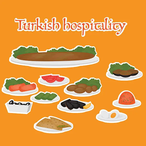 Vector illustration of Turkish hospitality Common main and side dishes, desserts.