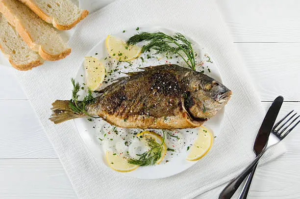 Photo of baked dorado on plate on  white background with lemon dill