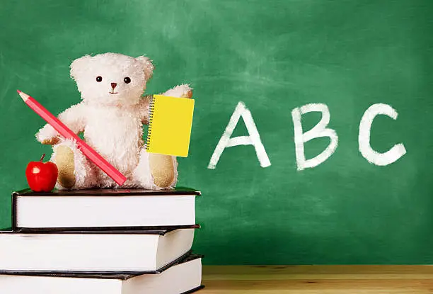 Photo of Teddy bear on books in front of blackboard. Kids library.