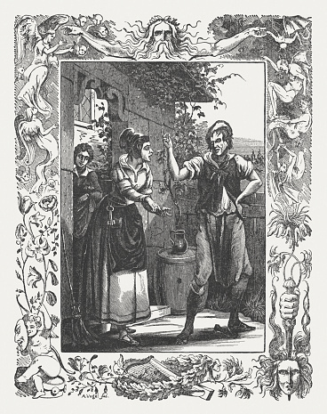 The Taming of the Shrew by William Shakespeare: Before an alehouse on a heath; Act I, Scene 1. Woodcut engraving from the book 