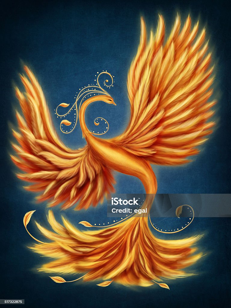 Magic firebird Magic firebird on a blue background Phoenix - Mythical Bird stock illustration