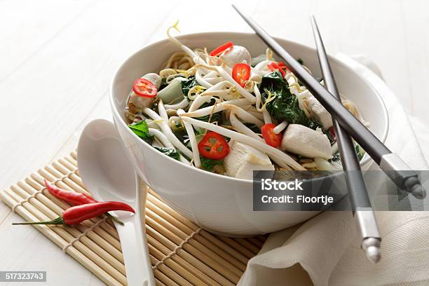 Asian Stills Noodle Soup With Chicken Bean Sprouts And Spinach Stock Photo - Download Image Now