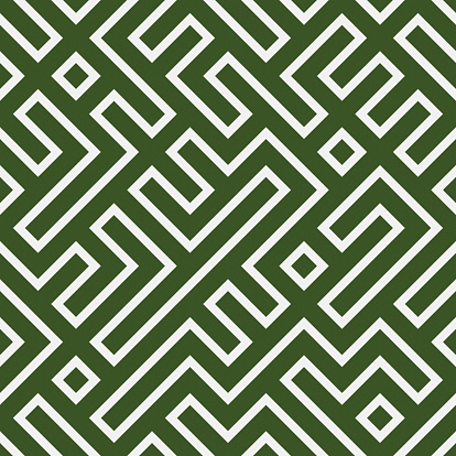 Seamless dark green geometric maze pattern of my own design on white textured paper