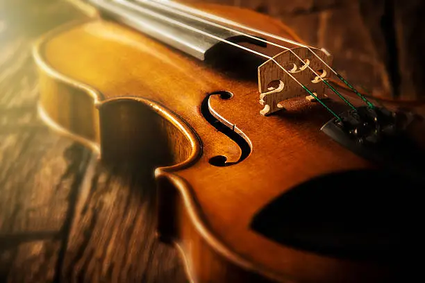 violin in vintage style on wood background