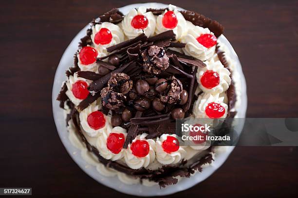 Chocolate Cake With Cream And Cherries From Above Stock Photo - Download Image Now