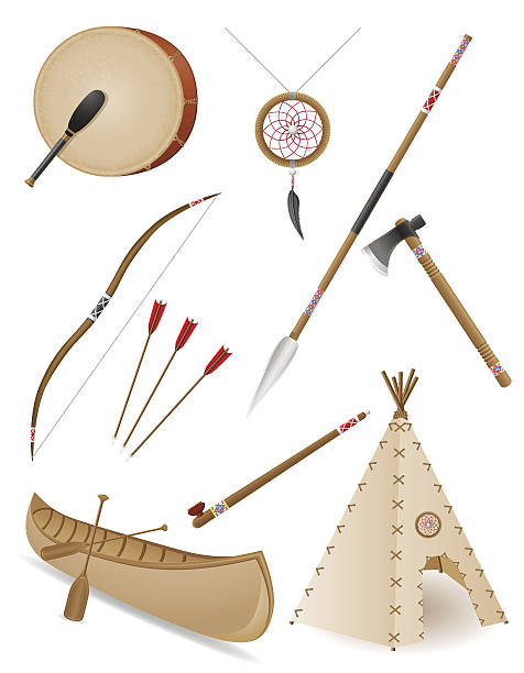 illustrazioni stock, clip art, cartoni animati e icone di tendenza di set di icone oggetti american indians illustrazione vettoriale - wigwam tent north american tribal culture indigenous culture