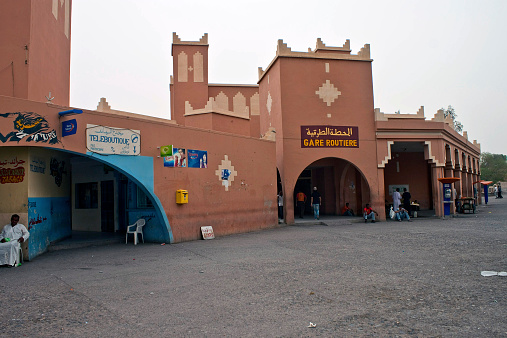 Ouarzazate, Morocco - August 7, 2010: Bus station in Ouarzazate, Morocco. Ouarzazate with population 56,616 is important transport hub between Atlas mountains and Sahara desert.