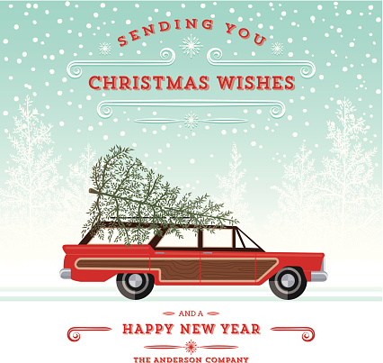 A reto country squire station wagon with christmas tree on top. White Pine Background with Text.