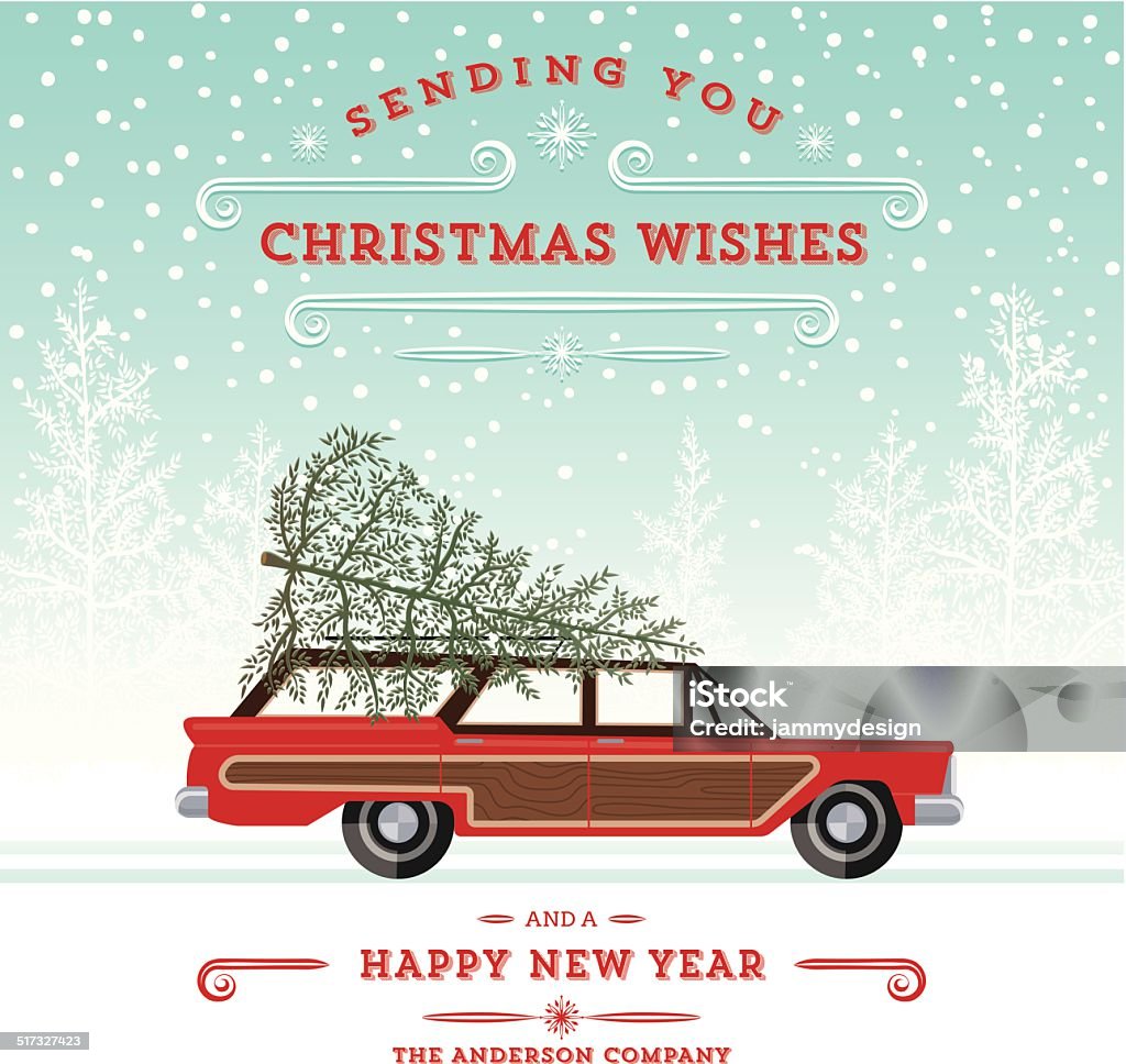 Retro Station Wagon with Tree Christmas Card A reto country squire station wagon with christmas tree on top. White Pine Background with Text. Christmas stock vector