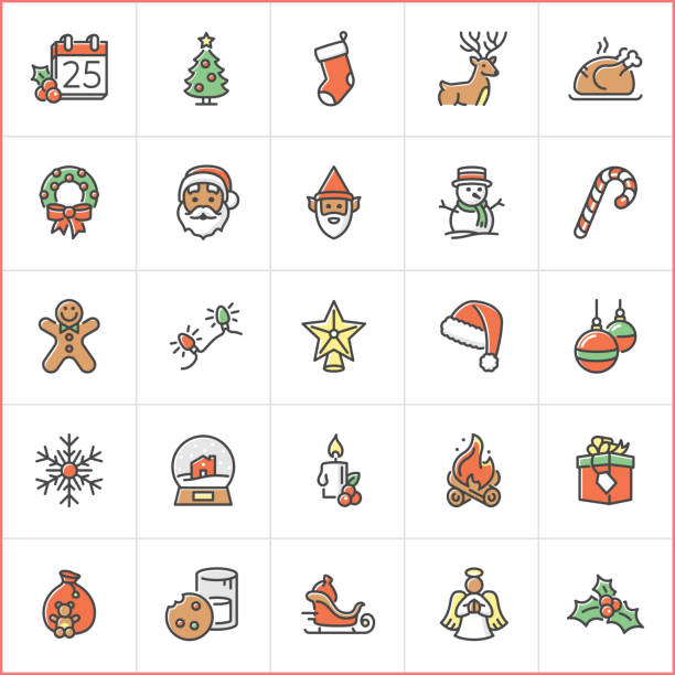 illustrazioni stock, clip art, cartoni animati e icone di tendenza di icone di natale - christmas stocking christmas christmas decoration stick of hard candy