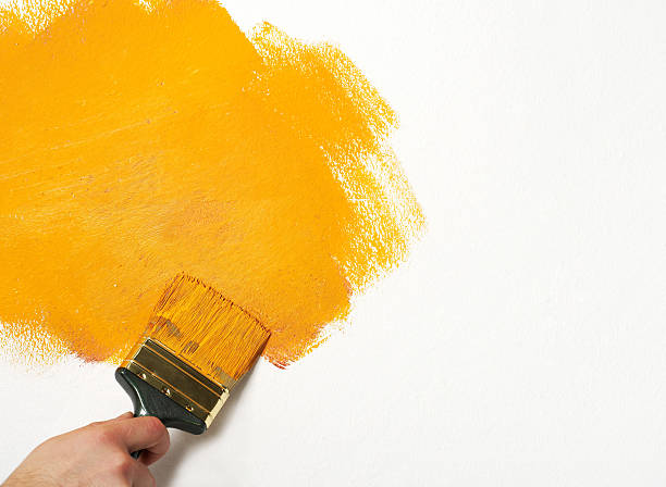 dipingere il parete - brushing paint house painter human hand foto e immagini stock