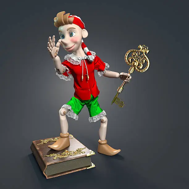 Pinocchio character with a golden key, makes faces, stands in the book.