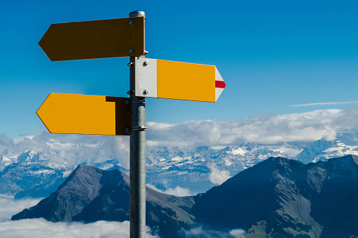 Crossroad signpost in blank concept available, confusion or decisions, with a snowy mountains background
