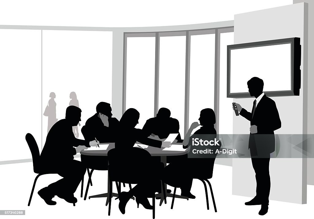 Power Point Presentation A vector silhouette illustration of a presentation to board room meeting amongst business men and women sitting a table with documents.  A young man stands in front of a monitor holding a remote control. In Silhouette stock vector