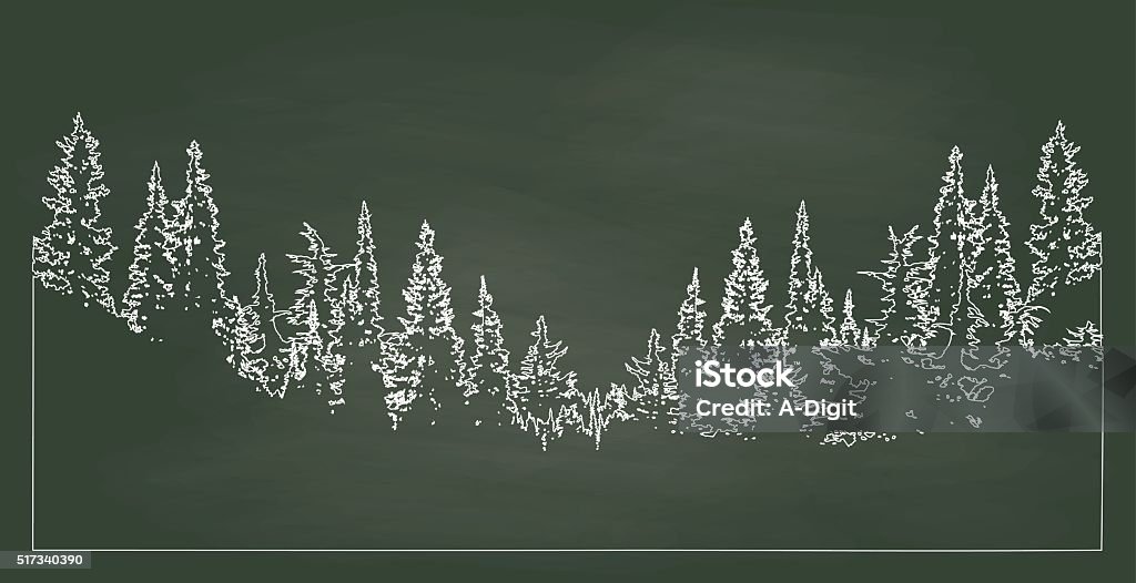 Chalkboard Forest A chalk outline vector silhouette illustration of a forest tree line with pine trees that slopes down to the center. Forest stock vector