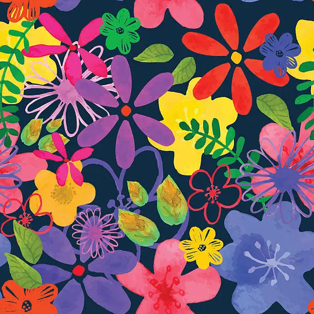 Vector illustration of Seamless floral pattern with colorful flowers drawn watercolor