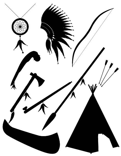 illustrazioni stock, clip art, cartoni animati e icone di tendenza di silhouette nero set icone oggetti american indians illustrazione vettoriale - wigwam tent north american tribal culture indigenous culture