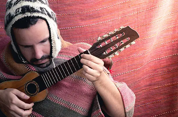 Music South America Charango lute. Musician playing charango.