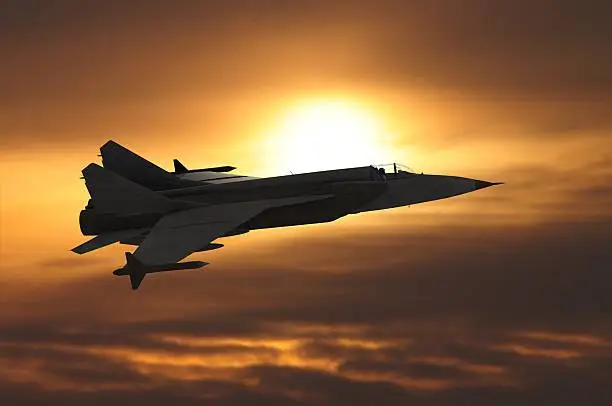 illustration 3d model of jet-fighter at sunset sky