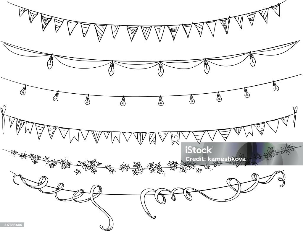 Set of decorations. Flags and lights. Vector sketch. Party - Social Event stock vector