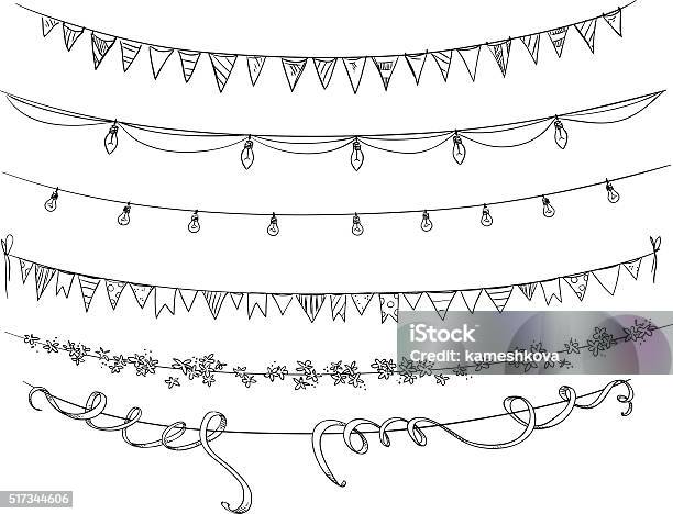 Set Of Decorations Flags And Lights Vector Sketch Stock Illustration - Download Image Now