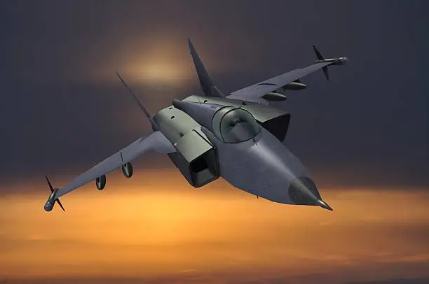 illustration 3d model of jet-fighter at sunset sky