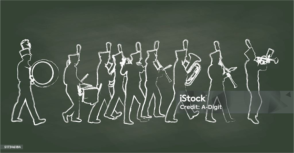 Chalkboard Big Band A chalk outline vector silhouette illustration of a marching banch wearing festive hats and playing such instruments as a trumpet, clarinet, tuba, flute, saxophone, snare drum, and bass drum. Adult stock vector