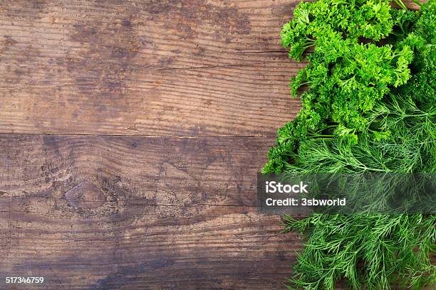Parsley And Dill On Wooden Table Stock Photo - Download Image Now - Abundance, Backgrounds, Blank