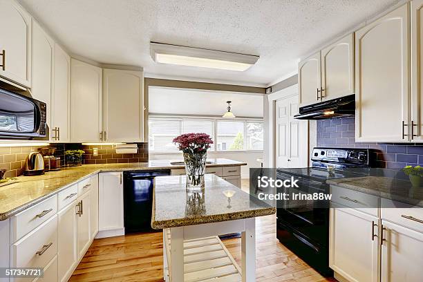 Kitchen Room With Island And Granite Tops Stock Photo - Download Image Now - Apartment, Architecture, Ceiling