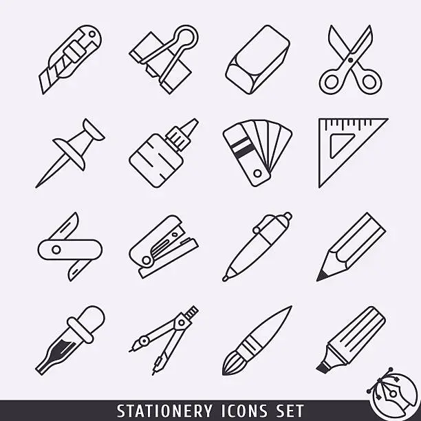 Vector illustration of Stationery icons set black and white lineart