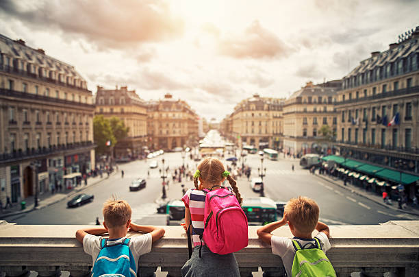 Kid tourist visiting paris Three kids visiting Paris. They are looking from the balcony of Paris Opera at the place de l'opera. The girls is aged 9 and her brothers are aged 6. travel9 stock pictures, royalty-free photos & images