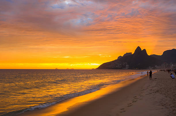 Sunset view of Ipanema beach and mountain Dois Irmao (Two Brother) in Rio de Janeiro, Brazil