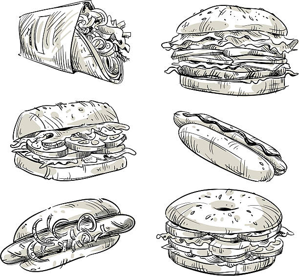 illustrazioni stock, clip art, cartoni animati e icone di tendenza di panini. veloce cibo. snack. vettoriale schizzo. - packaging paper cardboard rolled up
